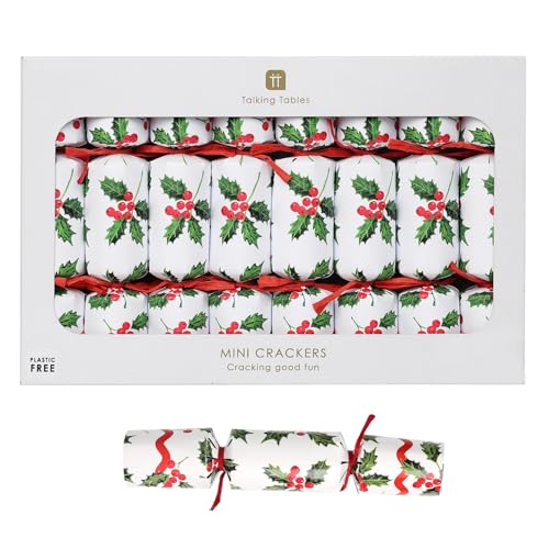 Talking Tables 8 x Mini Christmas Crackers Botanical Holly White Christmas Decorations, Fun Games, Party Hats, Eco-Friendly & Recyclable Xmas Tableware, Crackers Christmas, 15cm
