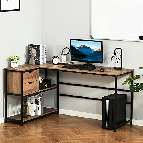 Image of L Shaped Home Offie Computer Desk with Storage Shelves, 2 Dawers and Industrial Steel e, Black,Brown