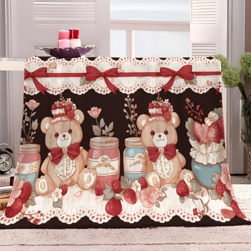 Luxury Flannel Blanket 51 X 59 Silky Soft, Lightweight & Warm Fleece Throw For Couch, Bed & Office Retro Teddy Bear Flowers Durable & Cozy Blanket For Home Brown Red Machine Washable