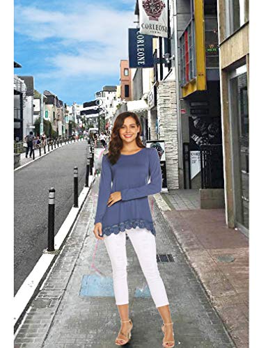 Qearal Women's Tops Long Sleeve Lace Trim O-Neck A-Line Tunic Tops (Navy Blue S)