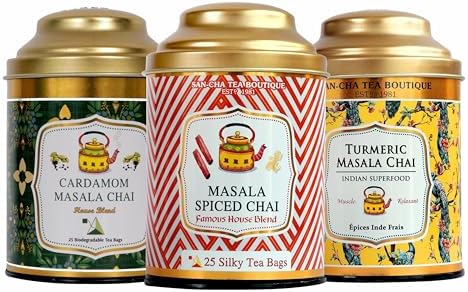 SAN-CHA Masala Chai Tea Bundle, Value Pack, 50 Pyramid Tea Bags & 100gm Whole Leaf Tea, Turmeric Superfood Chai, Masala Chai & Cardamom Chai, 100% Biodegradable Tea Bags