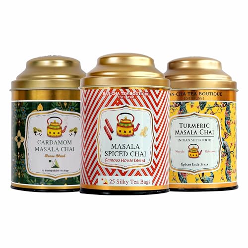 Image of Sancha Tea Boutique, Masala Chai Bundle, Value Pack with Turmeric Masala Chai, Original 3 Spice & Cardamom Masala Tea, 50 Pyramid Tea Bags & 100g Loose Leaf