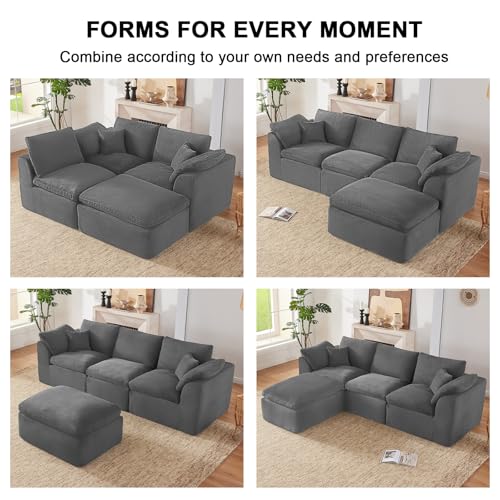 Image of 112 inch Cloud Sectional Couch, Boneless Couches for Living Room, L Shaped Couch with Convertible Ottoman, Modular Sectional Sofa with Deep Seat, Comfy Soft Cushions, No Assembly, Gray