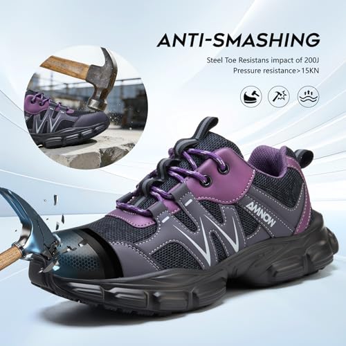 Image of Hogent Steel Toe Shoes for Women Men Wide Non Slip Work Sneakers Indestructible Shoes Lightweight Breathable Construction Sneakers Puncture Proof Ergonomic Design