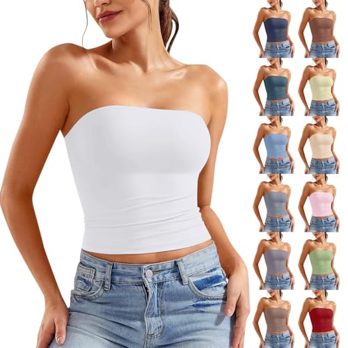 pvucpot Bandeau Tube Top Femme Haut Court Dos Nu T-Shirt Sexy Caraco sans Bretelles Débardeur sans Manches Y2K Crop Top Bustier Mode Couleur Unie Slim Fit...