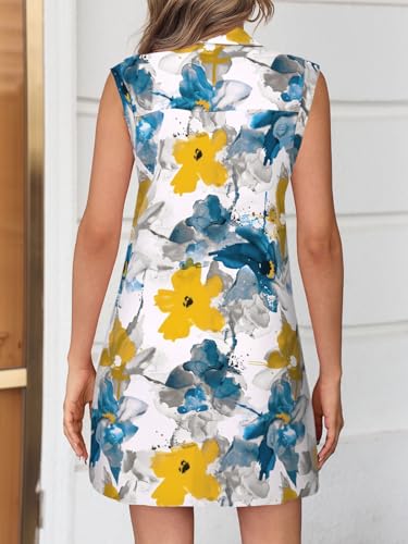 Image of Wenrine Womens Summer Dresses Floral Casual Collared V Neck Cap Sleeve Loose Boho T Shirt Dresses with Pockets