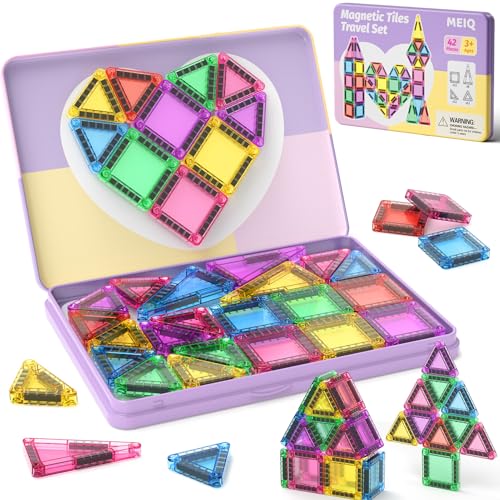 Image of 42-Piece Mini Magnetic Tiles Travel Set with Metal Storage Box - Portable STEM Building Blocks for Kids Ages 3-8, Montessori Educational Toys for Airplane & Car Rides, Gift for Boys & Girls
