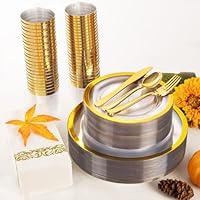 YOUBET 210PCS Thanksgiving Plastic Plates - Heavy Duty Clear Gold Disposable Plates Includes 30 Dinner Plate, 30 Dessert Plate, 30 Gold Cups, 30 Napkins for Thanksgiving Party & Wedding