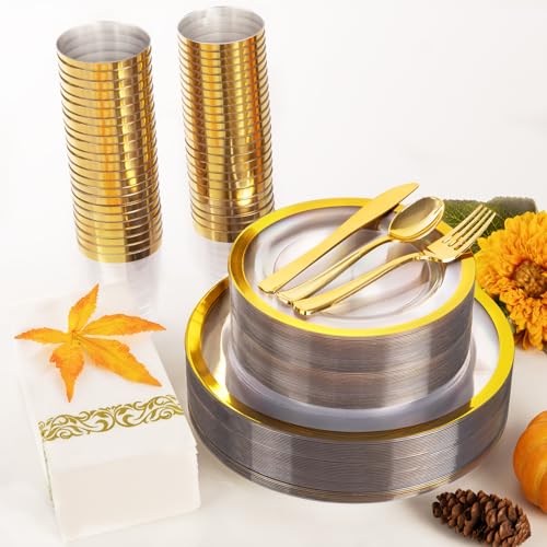 YOUBET 210PCS Thanksgiving Plastic Plates - Heavy Duty Clear Gold Disposable Plates Includes 30 Dinner Plate, 30 Dessert Plate, 30 Gold Cups, 30 Napkins for Thanksgiving Party & Wedding