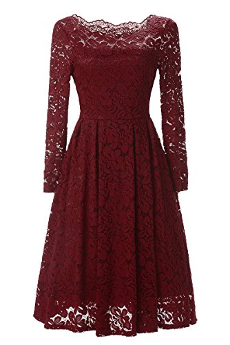 Beauty-Emily Women's 1950s Vintage Lace Dress Long Sleeve Short Party Dresses Slim Formal Dress,Color Burgundy, Size XL