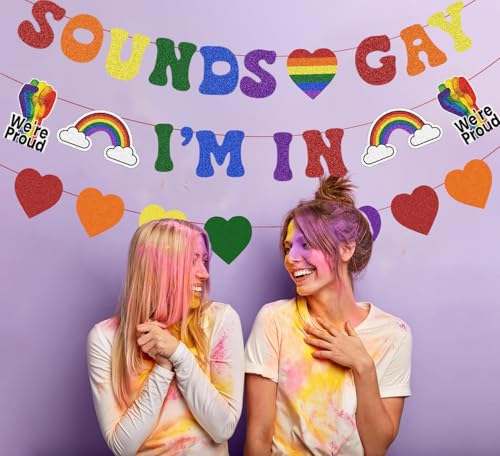 Image of Pre Strung Sounds Gay I'm In Banner Pride Month Decorations, Glitter Rainbow Sign for LGBTQ+ LGBT Party Lesbian Gay Bisexual Transgender Queer Celebration Home Indoor Photo Props Backdrop Decor