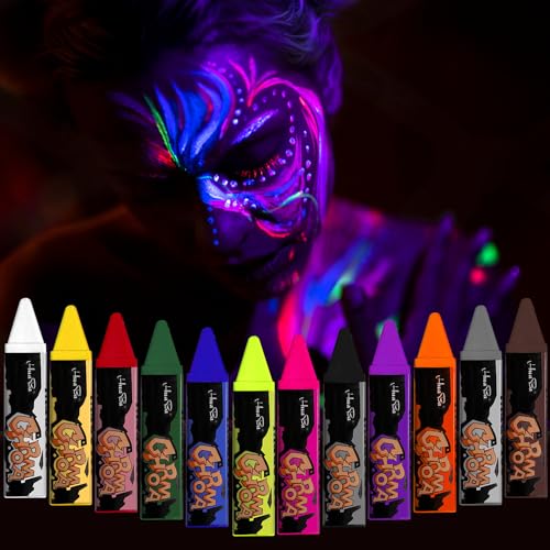 NebulaGlam 12 cores pintura de rosto de néon brilhante UV, cera fluorescente de cor do rosto, cera lápis UV néon para rosto e corpo, para Halloween, Mardi Gras, festa de disfarces