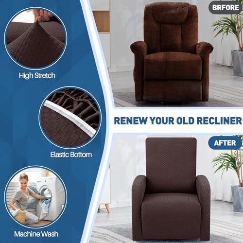 Image of YEMYHOM 3 Pieces Stretch Recliner Slipcover Jacquard Small Recliner Chair Cover with Side Pocket Anti-Slip Fitted Furniture Protector with Elastic Bottom (X-Small Recliner, Dark Coffee)