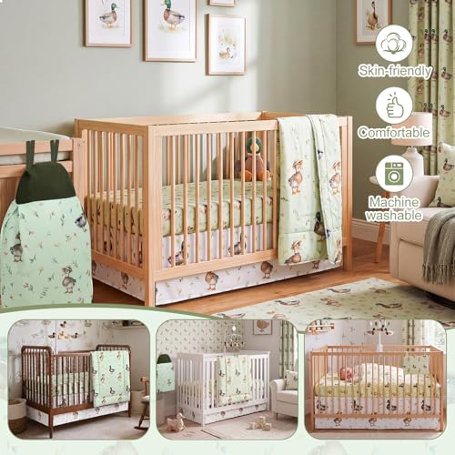 Image of Hahafelt 4 Pieces Crib Bedding Set for Girls and Boys, Soft Baby Bedding Set Including Crib Skirt, Comforter, Sheet and Diaper Stacker for Nursery (Mallard Duck)