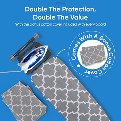 TIDY ZEBRA Compact Ironing Board Full Size European Made – ULTRA THICK PADDED FOAM AVOIDS MOLD - Organic 100% Cotton Ironing Boards Covers - Sturdy Lightweight Iron table, Bonus Iron Board Cover 14x53