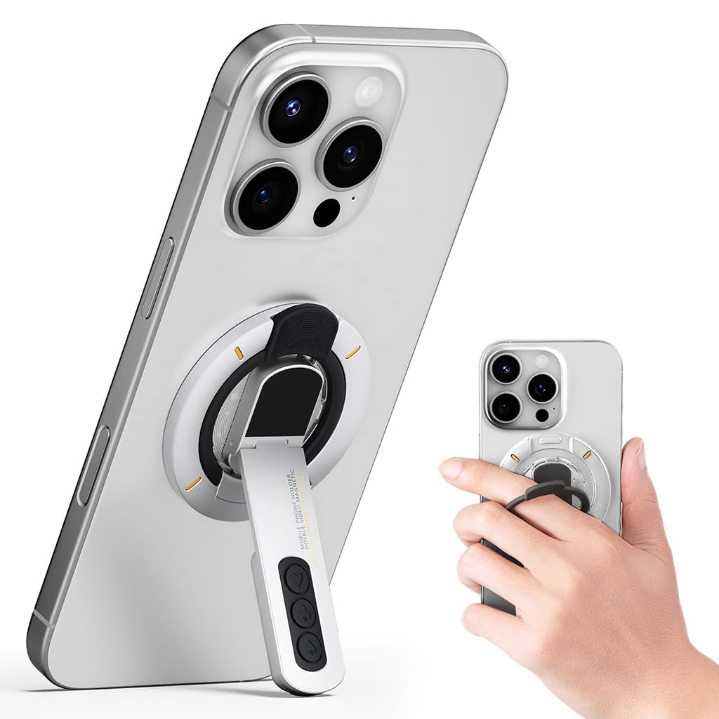 Magnetic Phone Hand Holder with Double-Sided Magnet & Removable Design, Adjustable Kickstand and 360° Rotation, Compatible for All Phones and Universal Smartphone Desk Stand