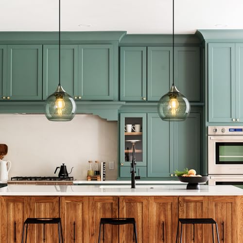 Image of Gray Green Glass Pendant Lights Kitchen Island Lighting Globe Pendant Light Fixtures Modern Pendant Lighting for Kitchen Island Bedroom Living Dining Room Light Fixture(5.9in, 2-Pack)