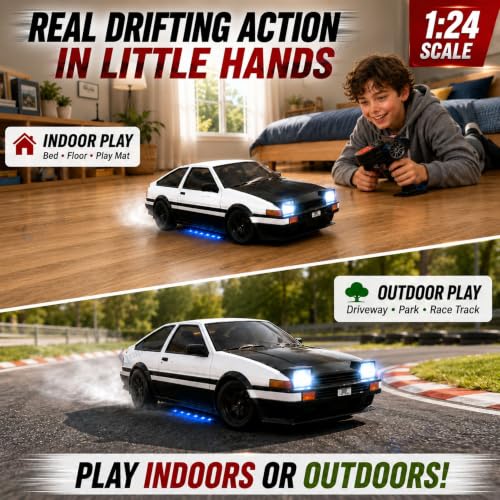 Image of GRAPHENE White RC Drift Smoke Remote Control Car Toy for Boys Kids Adults 1:24 Scale 4WD with USB Charger Racing Drifting Tyres High Speed Model Vehicle LED Lights Crawlers Stunt Car 4+Years