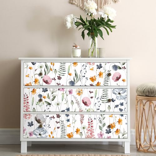 CHDITB Blumen Tapete Selbstklebende,Aquarell Blumen Möbelfolie Klebefolie,Boho Wohnzimmer wandstickers(44x300cm) Weiß Blumentapete… – Ansicht 3