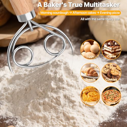 Danish Dough Whisk【Set of 3】Wooden Bread Whisk with Stainless Steel Hook, Dough Scraper & Lame Scoring Tool Blades - Sourdough, Pizza, Pastry Baking Supplies - Dutch Whisk & Dough Cutter Kit.