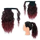 Yinmei Baibian Ombre Burgundy Ponytail Hair Extensions Short Curly Wavy Ponytail Hairpieces for Women Synthetic Wrap Around Clip in on Pony Tail Fluffy Magic Paste Ponytails 14inch (1B/Bug)