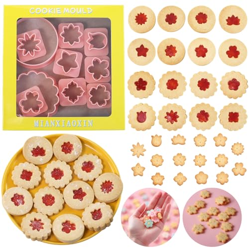 Flowers Linzer Cookie Cutters, 10 Pcs Mini Biscuit Cutters Plastic, 32 Styles Linzer Molds Mini Tulip Four Leaf Clover Shape For Christmas Easter Party Baking
