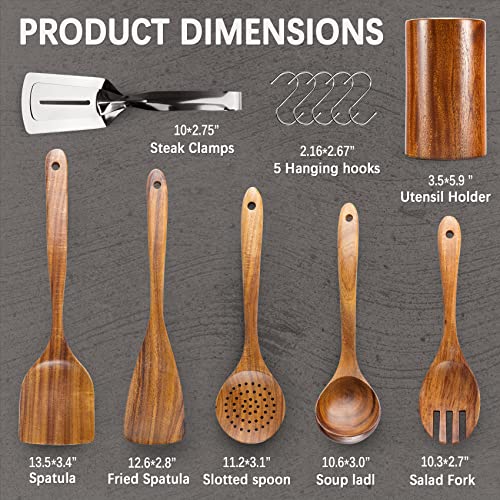 Hefild Premium Wooden Spoons For Cooking,Eco-Friendly Wooden Spoons & Wood Spatula,12 Pcs Durable Wooden Utensils For Cooking,Teak Wood Utensils Set For Non-Stick Cookware,Gift For Chefs & Home Cooks #TOP2