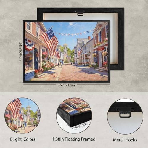 Image of American Flag Framed Canvas Wall Art, 4th of July Red White Blue Canvas Prints, USA Flag with Small Town Street Patriotic Decorations, Independence Day Wall Decor for Bedroom Living Room 24x36