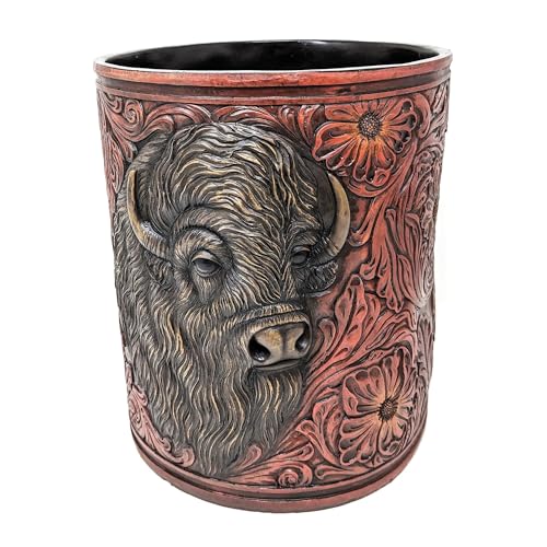 Image of BestGiftEver Faux Tooled Leather Trash Bin with Bison Bust Accent - Southwest Decorative Resin Wastebasket - Ideal for Ranch Farmhouse Enthusiasts
