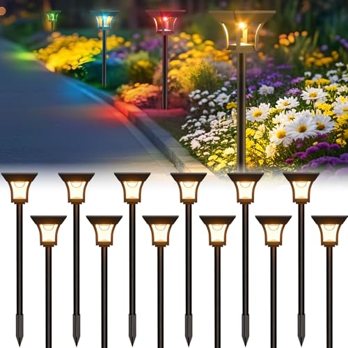 CINOTON 12 Pack RGBCW Solar Pathway Outdoor Lights, 3 Lighting Modes Solar LED Garden Lights, IP...