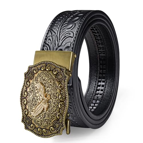 Image of Dubulle Designer Men's Belts, Ratchet Leather Sliding Buckle Dress Belt | 1 3 /8 inch(3.5cm) Genuine Leather Adjustable Strap, Automatic Ratcheting Buckles, Gift‑Boxed, Trim to Fit, for Business Casual