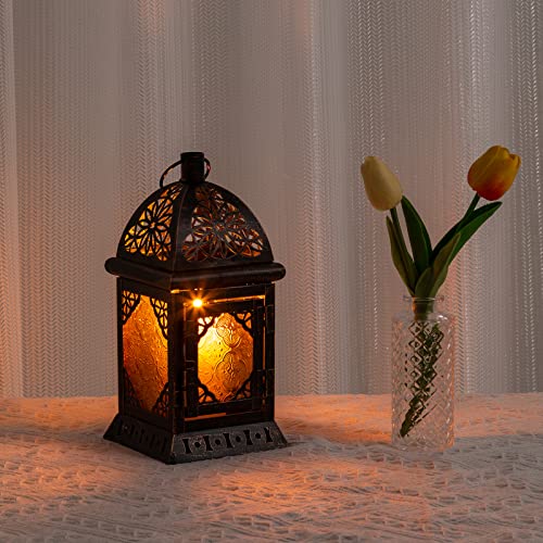 Decorkey Vintage Large Size Decorative Ramadan Candle Lantern, Moroccan Style Hanging Lantern, Metal Tabletop Lantern Decor, Christmas Candle Holders For Outdoor Patio (Amber) #TOP3