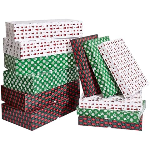 YANGTE 12 Christmas Gift Boxes with Lids for Presents Contains 6 X-Large Gift Boxes 4in Deep, 6 Large Shirt Boxes 2in Deep for Christmas, Holidays Wrapping Gifts Red, Green and White Shirt Boxes Cover