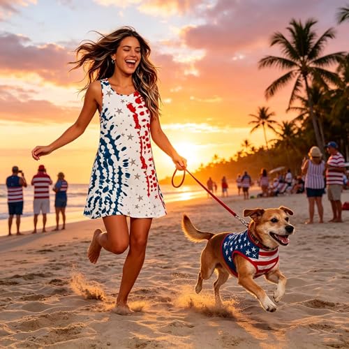 Image of Roshop Womens Juneteenth Flag Sleeveless Dress 4th of July Patriotic Swing Sundress with Pockets