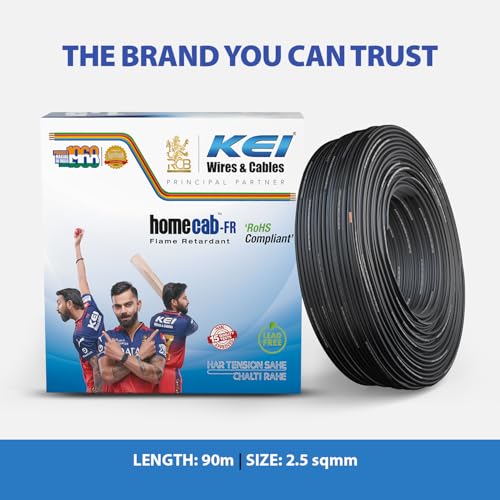 Image of KEI WIRES & CABLES Homecab 2.5 sqmm 1 Core Copper Flame Retardant House Wire PVC Insulated Cable for Domestic & Industrial Electrical Wiring (Black, 90 Meters)