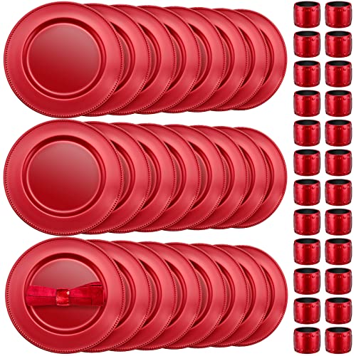 24 Pieces 13 Inch Round Charger Plate With Matching Napkin Rings Plastic Charger Plates Decoration Charger Plates With Decorative Beaded Rim For Dinner Wedding Party Event Decoration (Red) #TOP7
