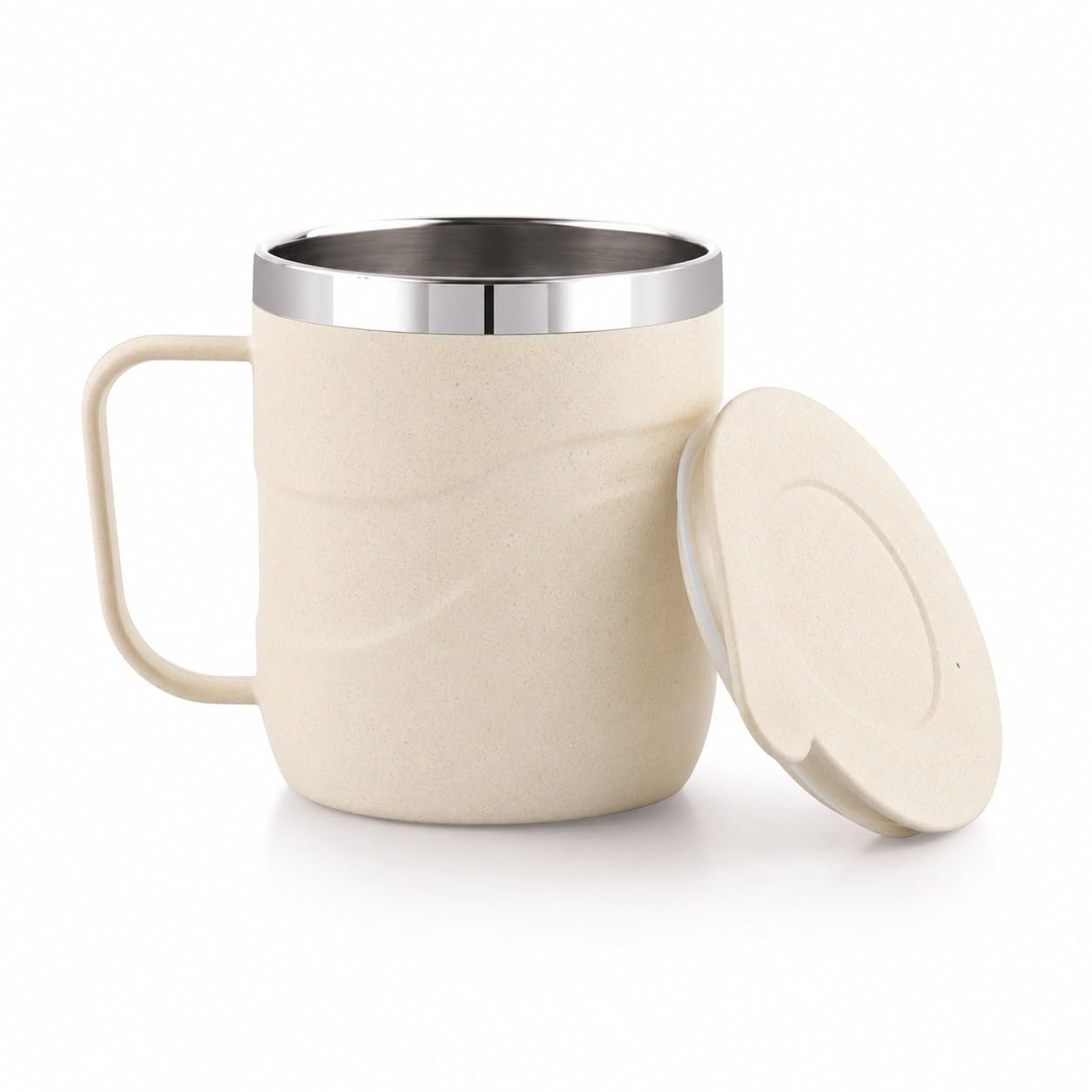 ATTRO Brew Mug – Stainless Steel Inner with eco Friendly Outer Body Durable Stylish, Microwave Safe Coffee,Tea Mug with Handle & Lid, Ideal for Home, Office, Travel & Gifting-300ml-Ivory-image-13
