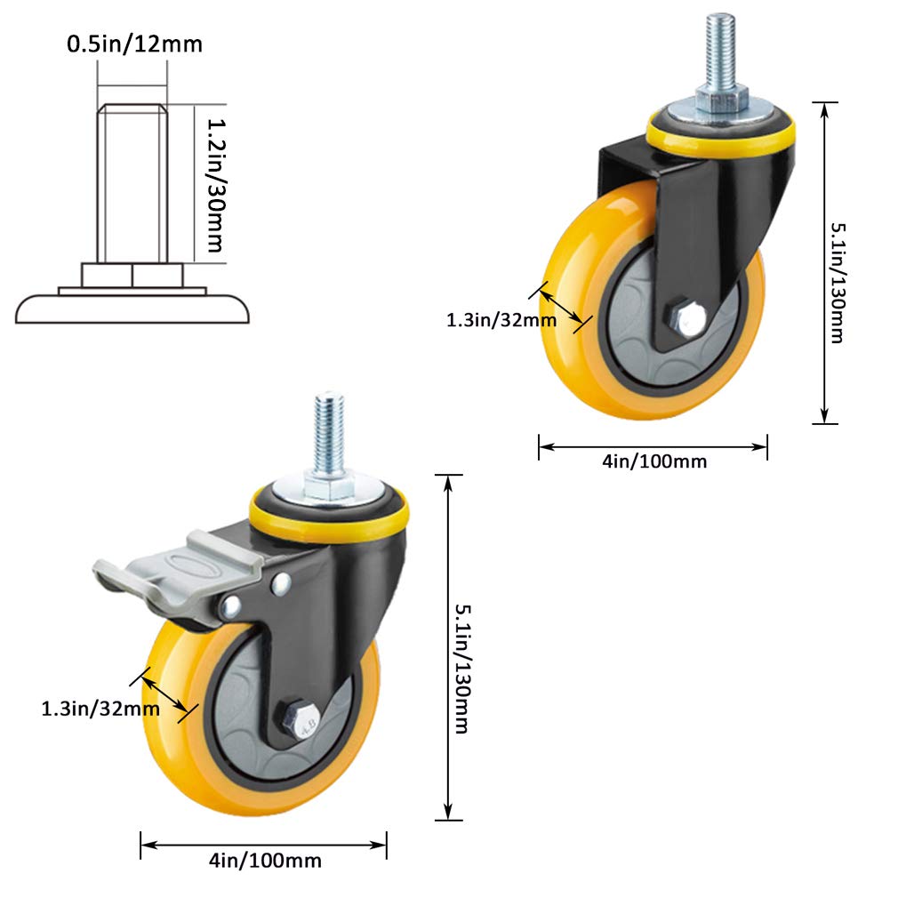 4 Ruote girevoli industriali, Ruote per carrelli e mobili in Poliuretano Giallo, con Doppio bloccaggio di Sicurezza, Resistenti, Cuscinetto Silenzioso, Stelo filettato M12x30mm, per mobili m