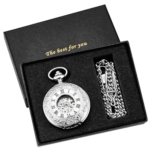 Image of Vintage Gold Double Sides Open Case Mechanical Men's Pocket Watch,Double Face Roman Dial Clock Hand Wind Pocket Watch for Men with FOB Chain