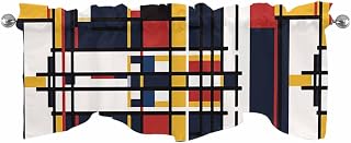 Scalloped Valance Curtain for Kitchen Living Room Bathroom Basement Window, Black and Yellow Line Mondrian Geometric Abstract Rod Pocket Valance Short Topper Curtains 54" x 18" Inch, 1 Panel