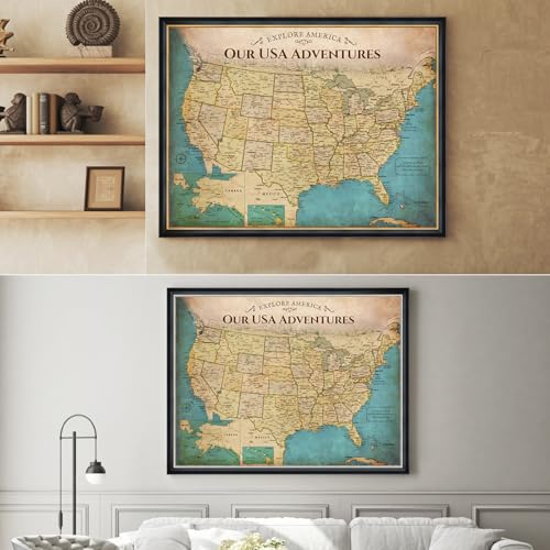 Image of DECORARTS - Oversized Personalized Push Pin Travel Map USA, Custom Name, Pin Board Canvas Wall Art, Antique Old United States Decor, Optional Wood Frame, Giclee Print, Handcrafted in USA, 40x30''