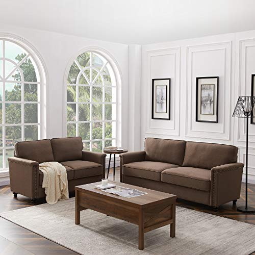 Rhomtree 2 Pieces Sofa Set Living Room Set Sectional Sofa Couch with 3 Seat Sofa Loveseat Home Furniture (Brown)
