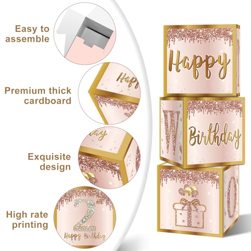 Image of Guiruiy 3Pcs 2nd Birthday Boxes Decorations for Girls - Pink Rose Gold Two Sweet Birthday Balloon Boxes Party Supplies, Two Years Old Girl Bday Theme Cardboard Gift Box Decor