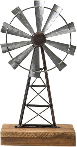 Decoración de mesa vintage de molino de viento de granja, hecho a mano, metal galvanizado y madera, acento rústico para escritorio, estante o cocina