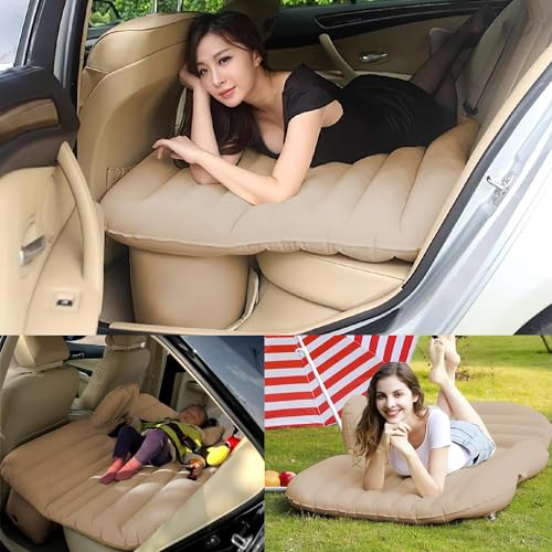 Image of Car Inflatable Bed for Back Seat, Portable SUV Air Mattress with Electric Pump, Thick Flocked Surface, Travel Sleeping Mattress for Camping, Road Trips, Outdoor Adventures (Cream)