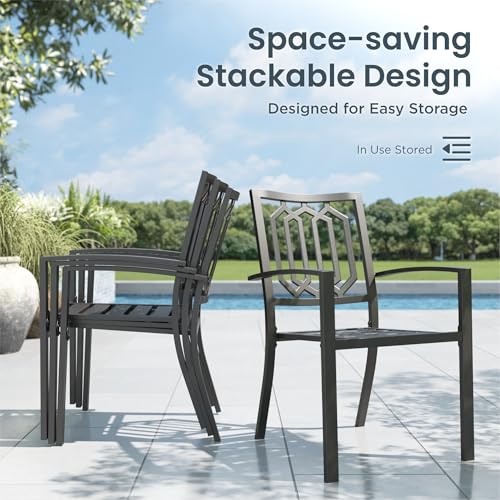 Image of PHI VILLA Patio Dining Chairs Set of 2, Stackable&Wrought Iron | Black Stackable Wrought Iron Outside Dining Chairs, All Weather Heavy-Duty Furniture for Patio, Deck, Porch, Backyard