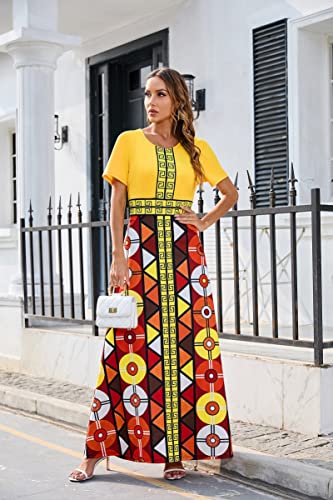 Cololura Women's Elegant Print Geometric Short Sleeve Summer Bodycon Maxi Dress Casual Fashion Dress Yellow #TOP4