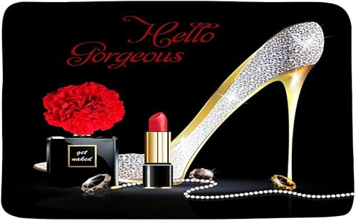 Miniatura 8 de Alfombra de baño de tacones altos rojos Hello Gorgeous Lipstick Perfume Flor Moda Maquillaje Mujer Niñas Día de San Valentín Fondo Negro Microfibra