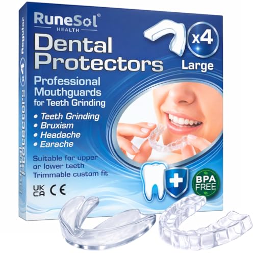 Runesol 4 x groß Zahnschutz gegen Zähneknirschen & Schnarchen, Knirscherschiene | Aufbissschiene gegen TMJ, Bruxismus und Zubeißschutz für die Zähne, Easy Mould Technology