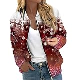 Generisch Damen Weihnachts-Bomberjacke mit Schneeflocken-Print - Leichte Übergangsjacke im festlichen Design | Lässiger Blouson für den Winter